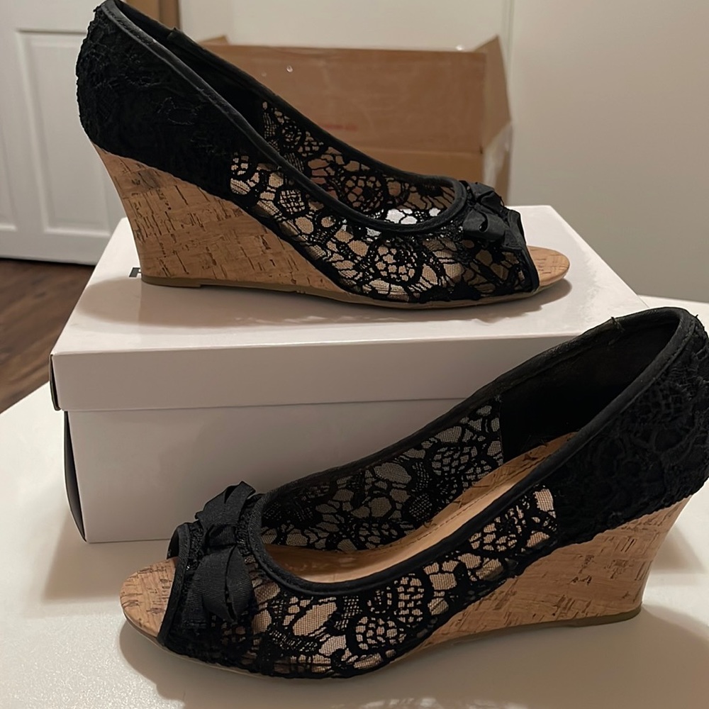 COPY - Black lace open toe wedge sandals , women’s size 10 M